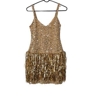 Women's Champagne w Metallic Gold Sequin & Tassel Party Mini Dress Small NEW